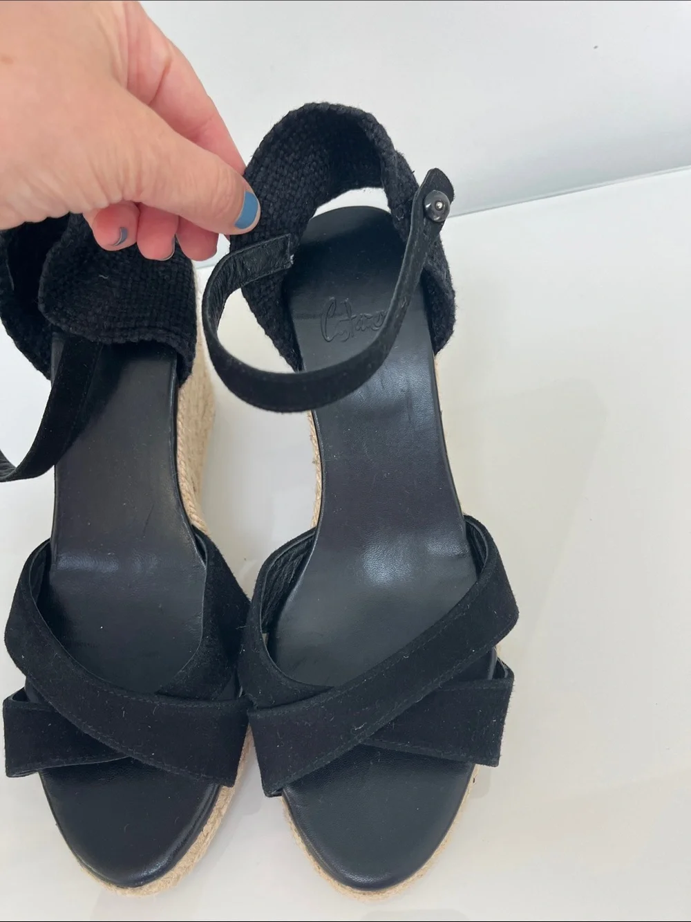 Castaner Spain Black Suede Espadrilles Wedge Button Ankle Strap Sandals 38